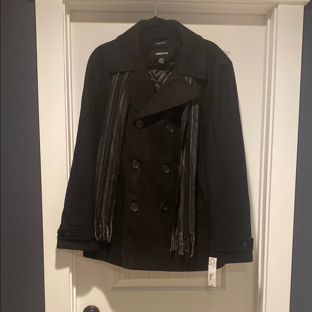 Claiborne Wool Blend Men's Dark Peacoat with Scarf